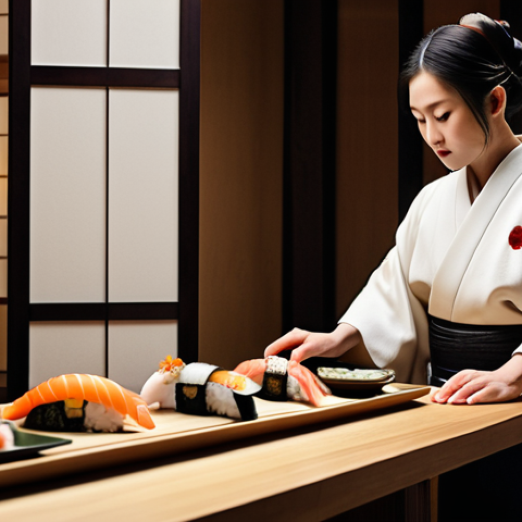 **Prompt:** Exquisite Japanese restaurant interior. Minimalist design, wooden panels, soft lighting. A waiter in a traditional kimono gracefully presents a meticulously arranged sushi plate. Focus on the artistry of food presentation and serene atmosphere. Umami, harmony, zen.