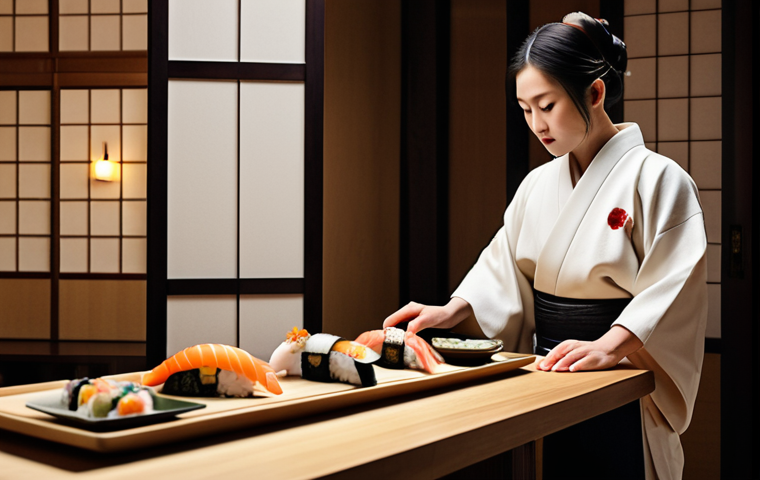 **Prompt:** Exquisite Japanese restaurant interior. Minimalist design, wooden panels, soft lighting. A waiter in a traditional kimono gracefully presents a meticulously arranged sushi plate. Focus on the artistry of food presentation and serene atmosphere. Umami, harmony, zen.